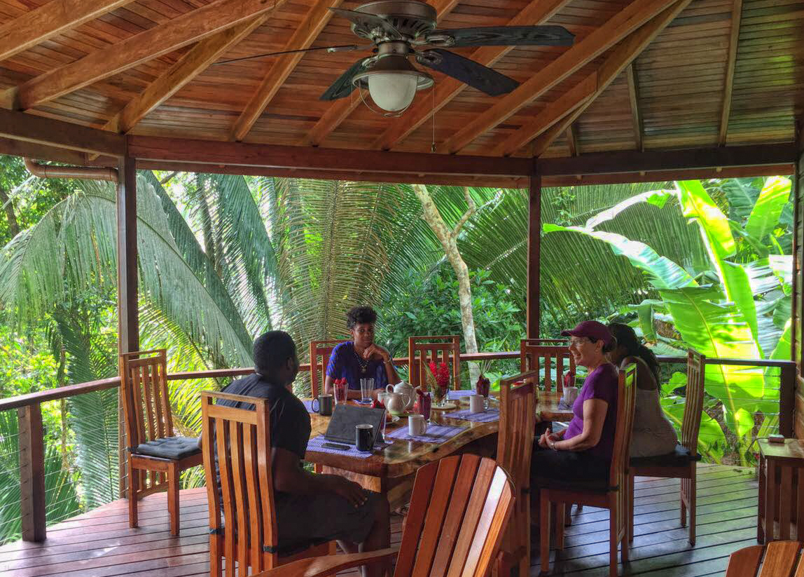 Neighbors sharing coffee and conversation on a covered deck in the rainforest