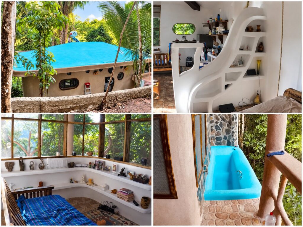 Hobbit-style cottage on Lot 122 – exterior, curved shelving, sunroom and turquoise soaking tub